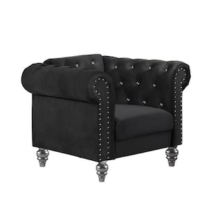 Emma Black Polyester Upholstered Armchair with Crystal Tufted Back