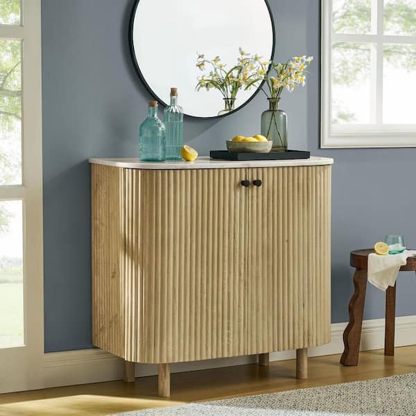 Caldera Natural 33 in. Curved Solid Wood Fluted Storage Cabinet with Marble Top-Adjustable Shelf and Soft-Close Doors