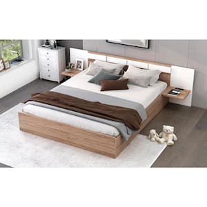 Brown Wood Frame Queen Size Platform Bed with Headboard, Drawers, Shelves, USB Ports and Sockets