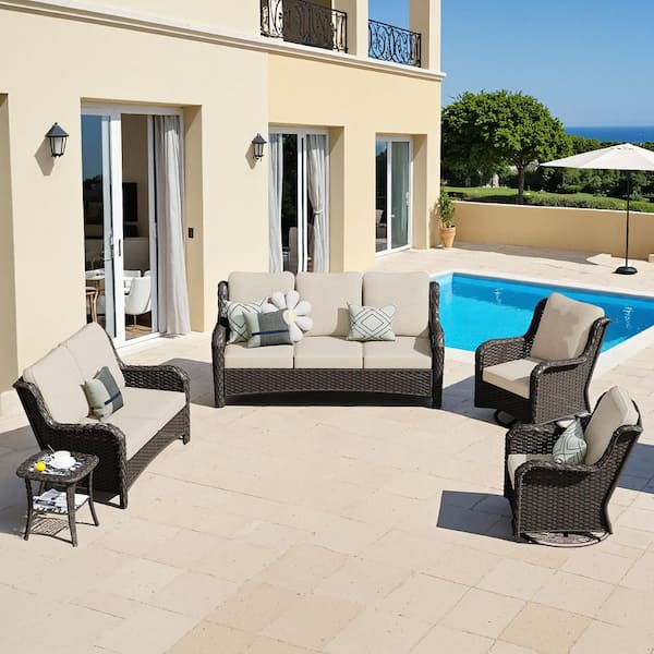 OVIOS Mercury Brown 5-Piece Wicker Patio Conversation Seating Set with Beige Cushions