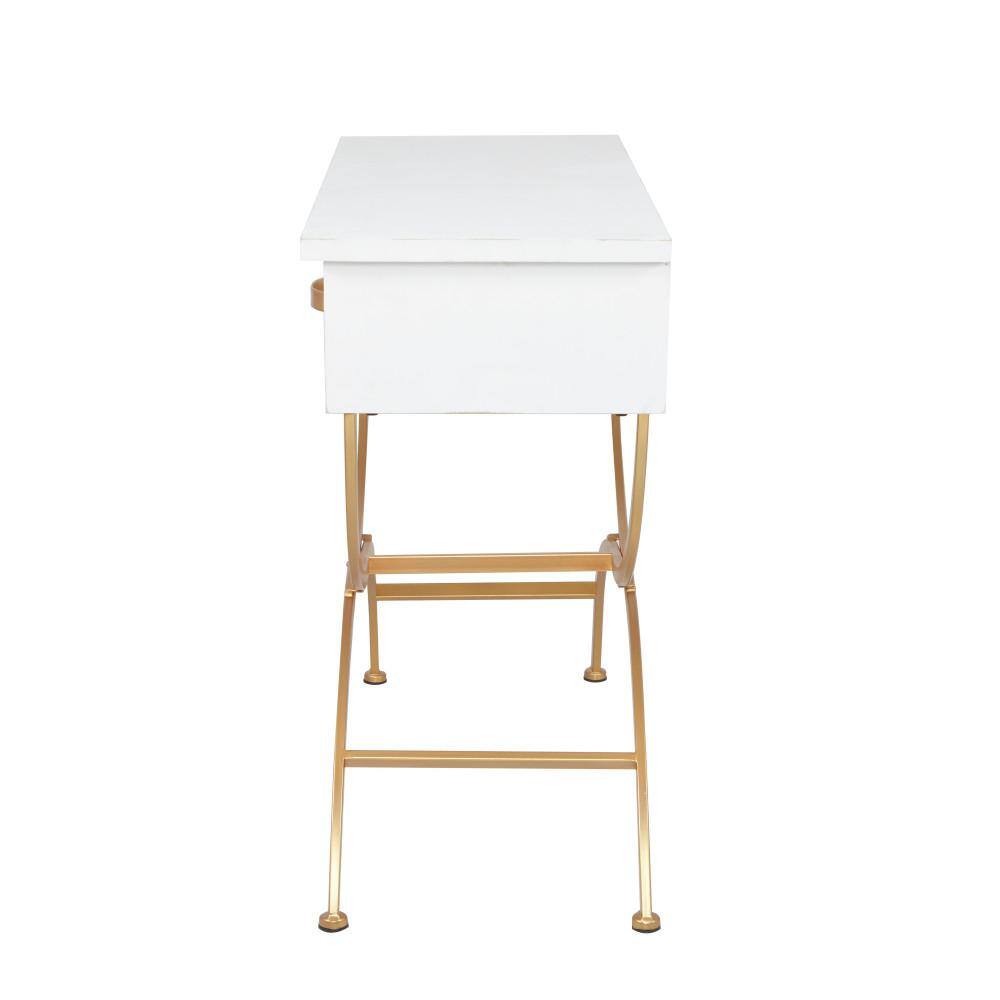Sleek Pine & Metal Console Table with Dual Storage Drawers, White & Gold