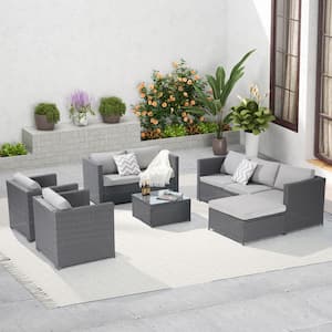 Gray 6-Piece Wicker Outdoor Sectional Set with Light Gray Cushions and Dining Table
