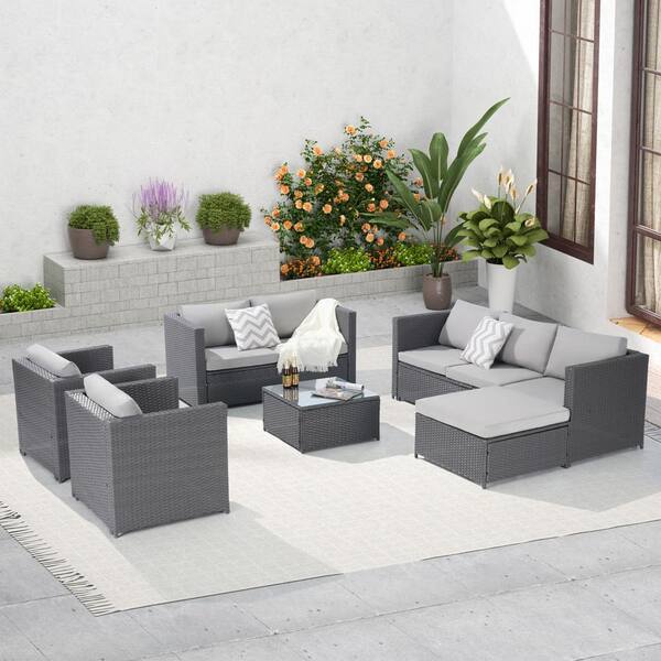 Runesay Gray 6-Piece Wicker Outdoor Sectional Set with Light Gray Cushions and Dining Table