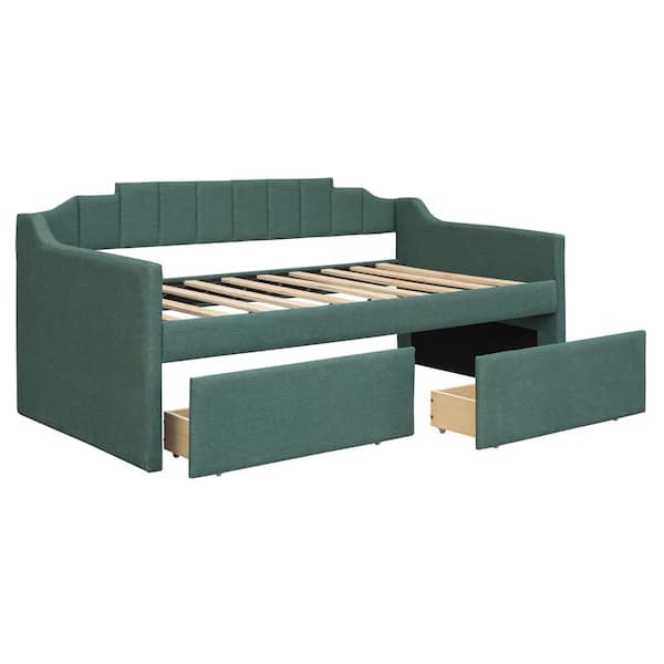 URTR Blue Twin Size Upholstered Daybed with 2-Drawers, Sofa Bed Wood Bed Frame, No Box Spring Needed