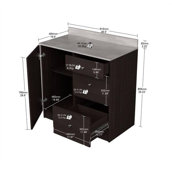 Inval 36.02 in. W x 19.69 in. D x 37.80 in. H Natural Stone/Espresso Ready to Assemble Wood Breakroom Base Kitchen Cabinet