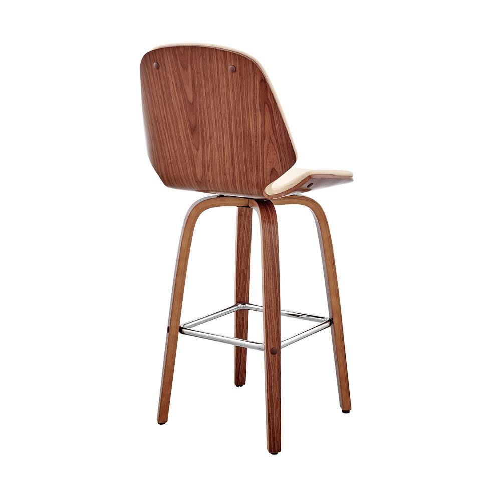 Cream Faux Leather and Walnut Wood Swivel Bar Stool