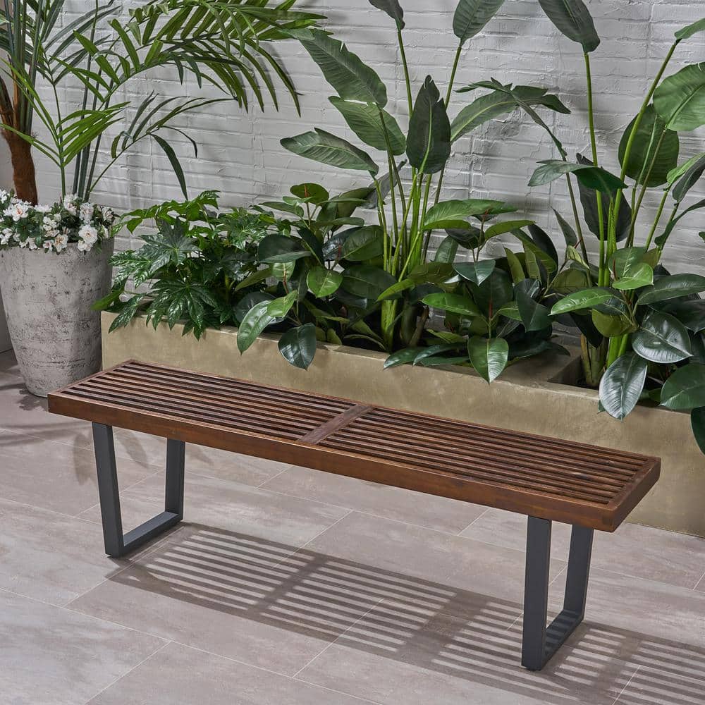 Fresno 14.50 in. 3- Person Dark Brown Wood and Metal Outdoor Patio Dining Bench