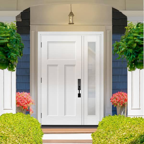 Legacy 51 in. x 80 in. 3 Panel Craftsman RHOS Unfinished White Fiberglass Prehung Front Door Clear 12 in. SL 6-9/16 Jamb