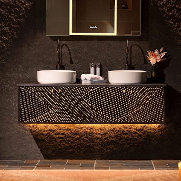 59.9 in. W x 22 in. D Double Ceramic Vessel Sink Floating Bath Vanity in Black with Black Engineered stone Vanity Top