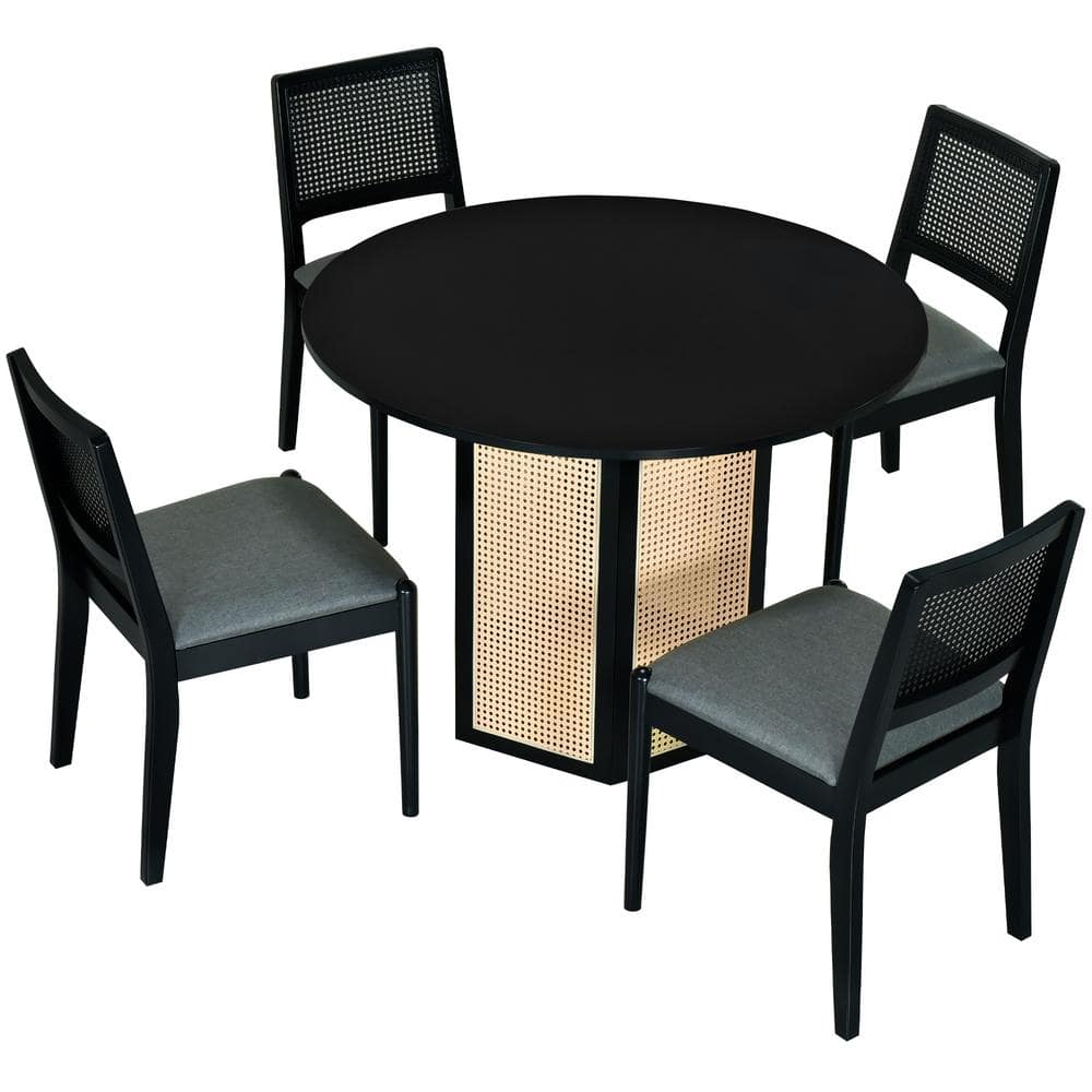 Black 5-Piece Wood Outdoor Dining Set with Rattan Round Table Hexagonal Base, 4 Upholstered Chairs and Gray Cushion