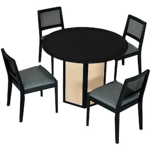 Black 5-Piece Wood Outdoor Dining Set with Rattan Round Table Hexagonal Base, 4 Upholstered Chairs and Gray Cushion