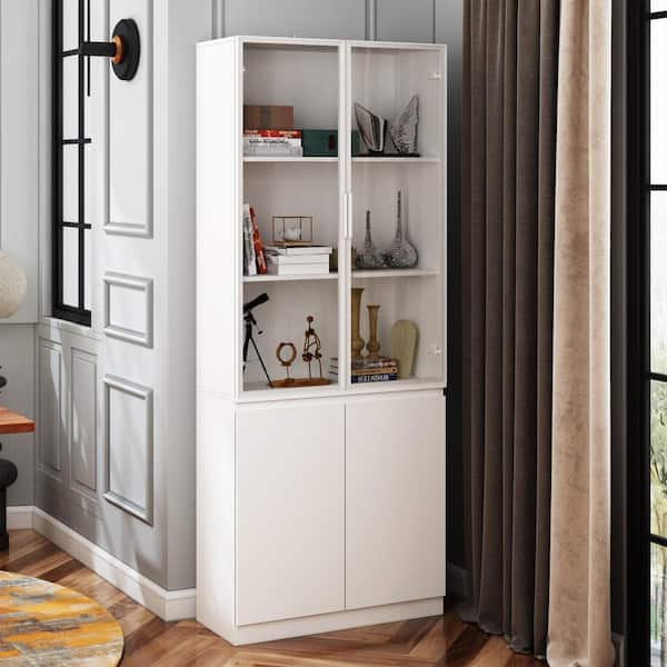 FUFU&GAGA 78.7 in. Tall White Wood 5-Shelf Accent Bookcase Bookshelf With Tempered Glass Doors