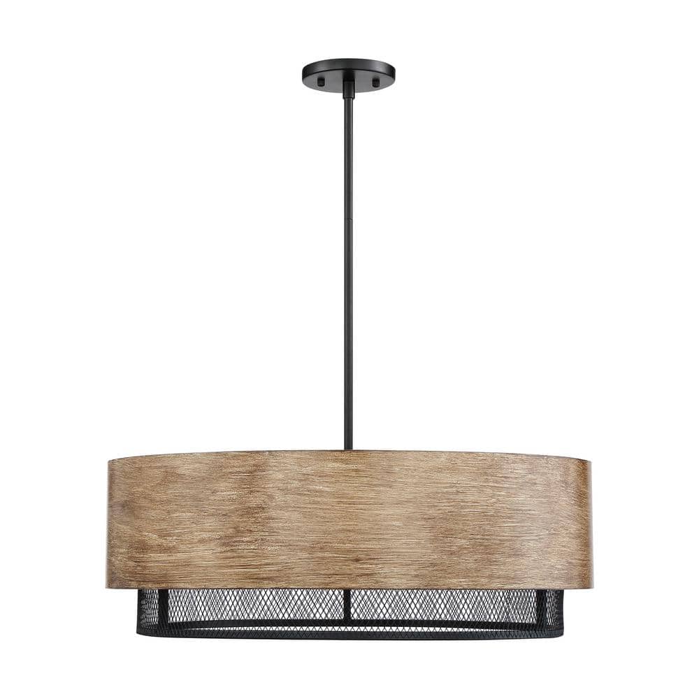 Nuvo Black and Honey Wood Drum Pendant Light