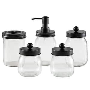Mason Jar Bathroom Accessories 5-Piece Bath Accessory Set with Toothbrush Holder, Soap Dispenser, 2 Small Jars (Black)
