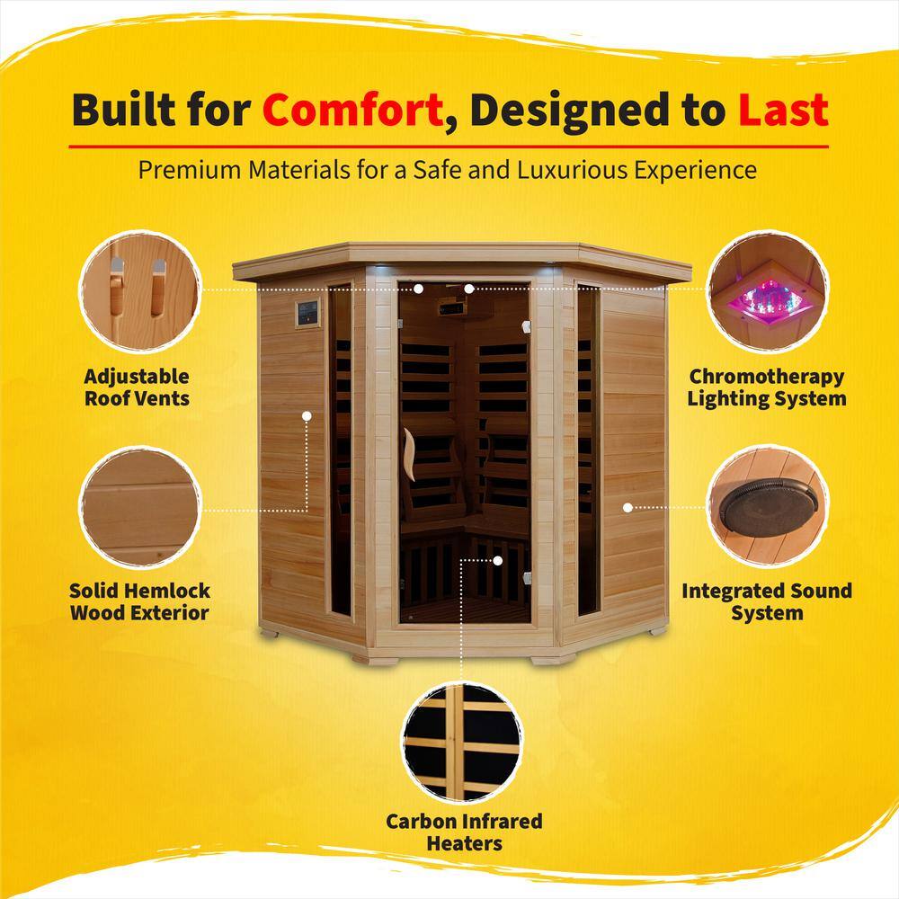 Hemlock 4-Person Corner Infrared Sauna with Carbon Heaters