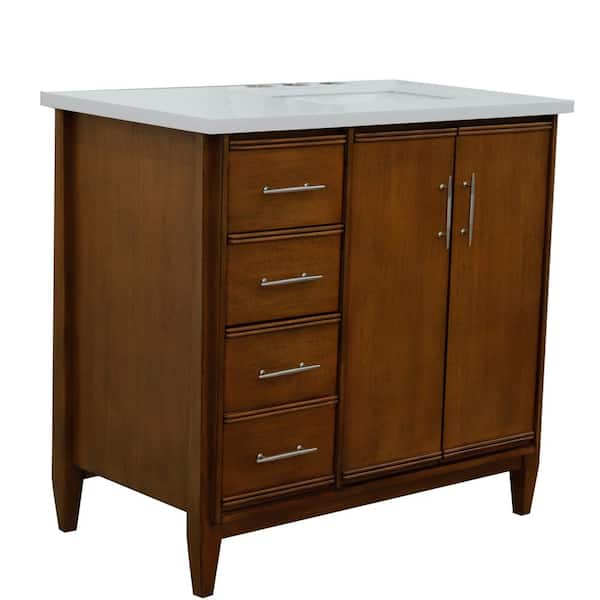 Bellaterra Home 37 in. W x 22 in. D Single Bath Vanity in Walnut w/ Engineered Stone Vanity Top in White w/ Right White Rectangle Basin