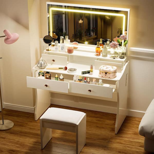 Makeup Vanity Desk with 3-Color Modes Adjustable Lights Vanity Table and Chair Set with Charging Station, White