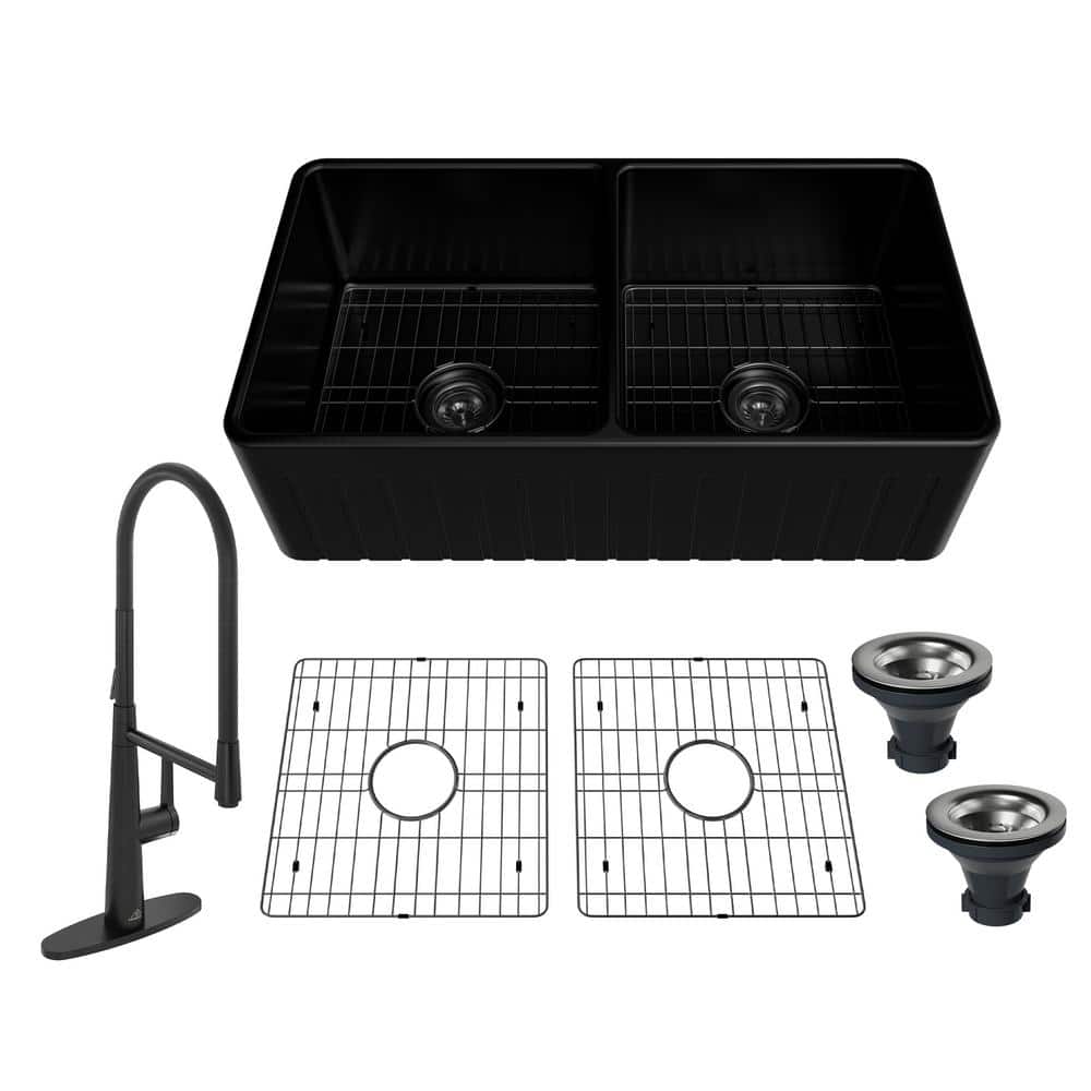 CASAINC Fireclay 33 in. Striped Design Reversible Installation Double