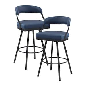 Brassica 31 in. Black Finish Metal Swivel Pub Height Chair with Blue Faux Leather Seat (Set of 2)