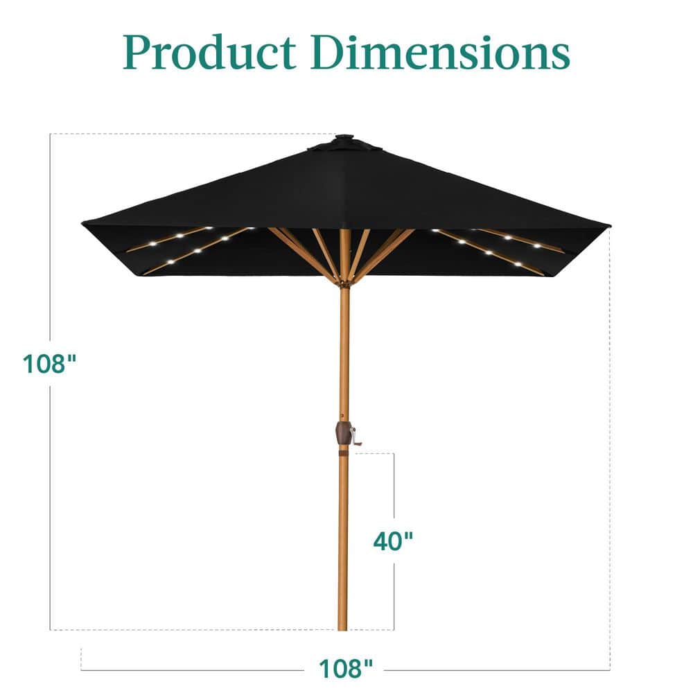 9ft Black Solar LED Lighted Market Patio Umbrella with Faux Wood Texture