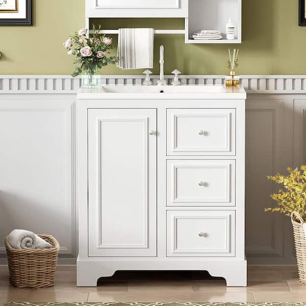 30 in. Single Sink Freestanding White Solid Wood Frame Bath Vanity with White Ceramic Top and Adjustable Shelves
