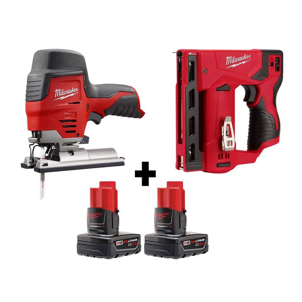 Milwaukee M12 12V Lithium-Ion Cordless Jig Saw and Crown Stapler with two  3.0 Ah Batteries 2445-20-2447-20-48-11-2412 The Home Depot