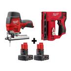 M12 12-Volt Lithium-Ion Cordless Jig Saw and Crown Stapler with two 3.0 Ah Batteries