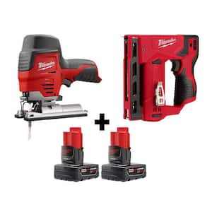 M12 12V Lithium-Ion Cordless Jig Saw and Crown Stapler with two 3.0 Ah Batteries