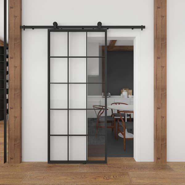 Queen's 37 in. x 84 in. Full 15-Lite Clear Glass Black Metal Sliding Barn Door with Hardware Kit