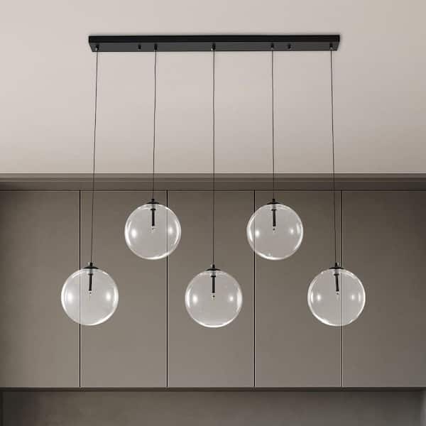 Modern 5-Light Black Linear Chandelier, Cluster Island Pendant Light for Kitchen Island