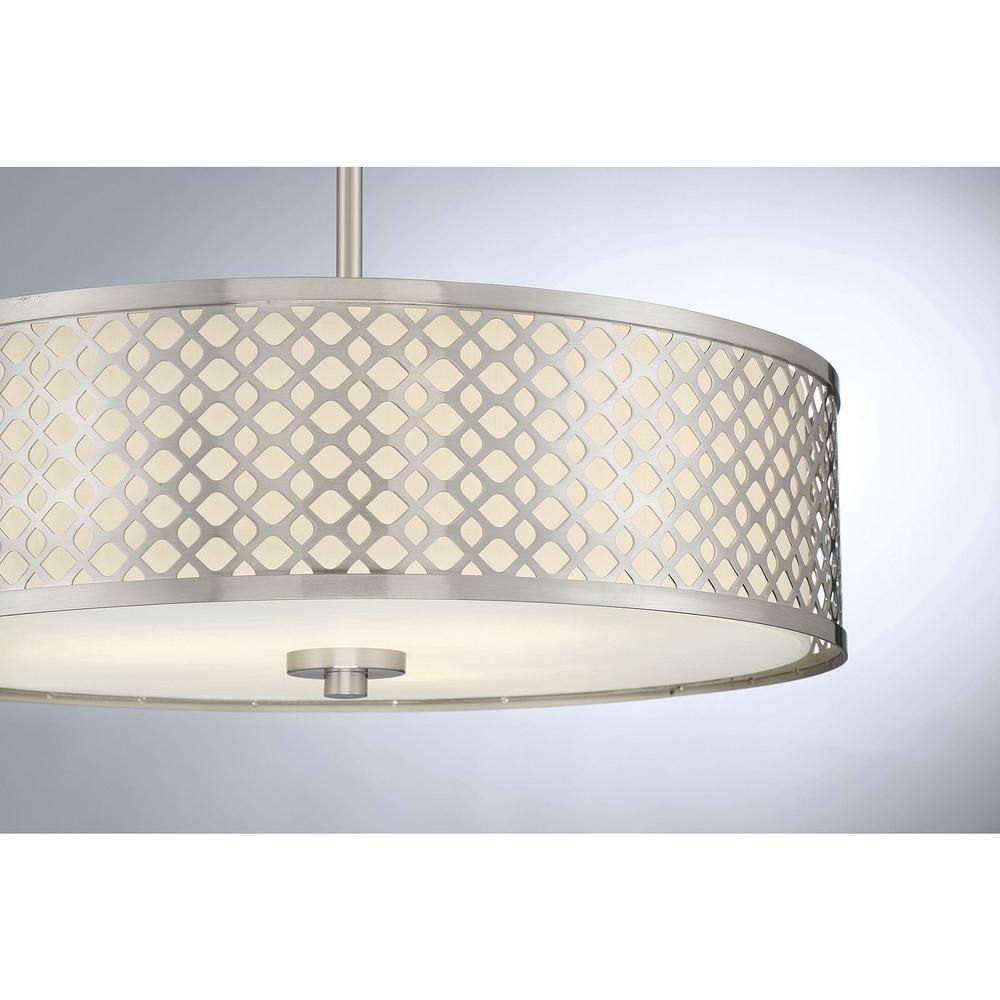 Brushed Nickel 3-Light Drum Pendant with White Fabric Shade