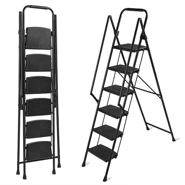 6-Step 6 ft. Reach Steel Step Stool,Folding Ladder with Anti Slip Wide Pedals, Safety Anti Slip Handle, Black