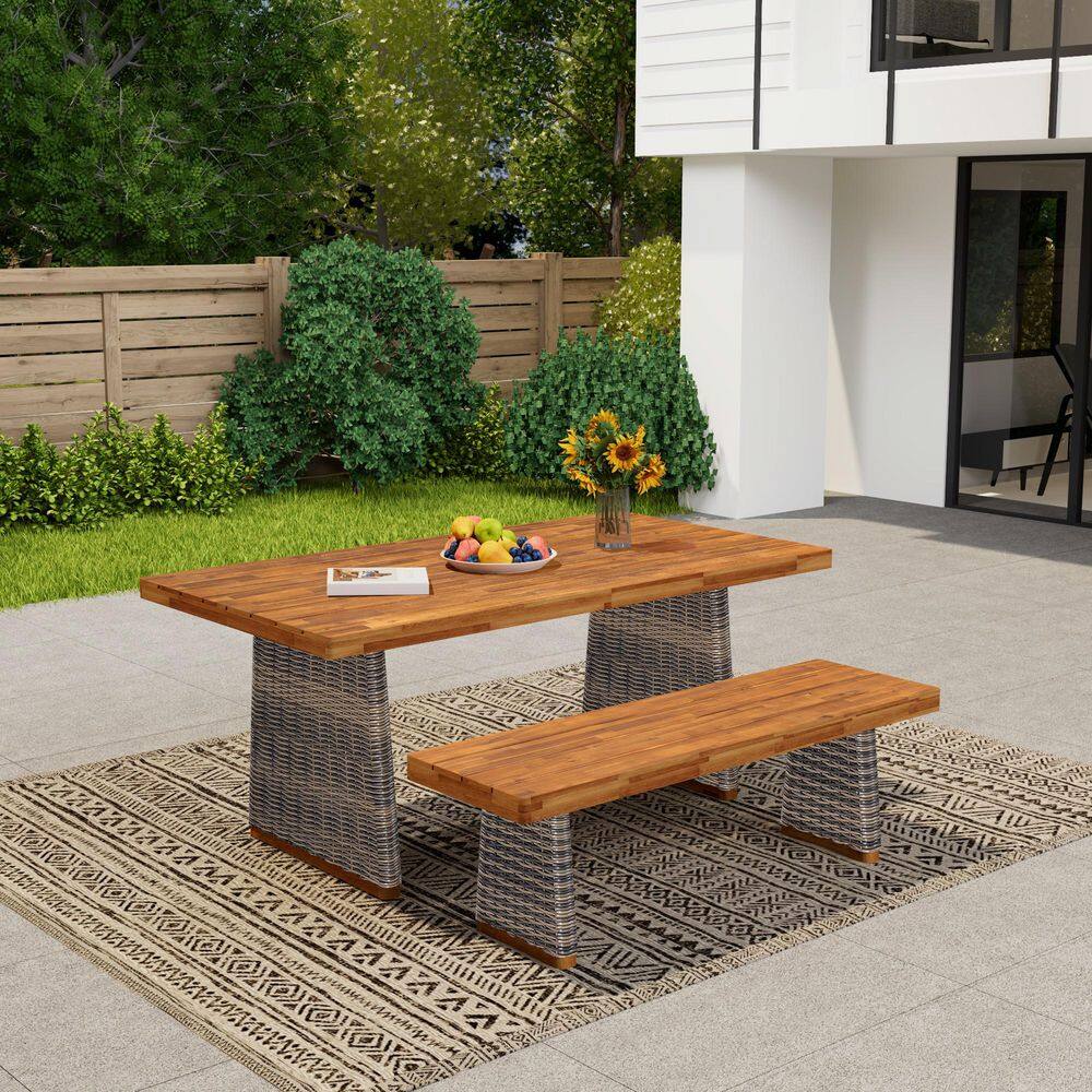 Lyuba 2-Piece Solid Wood and Wicker Outdoor Patio Dining Set with Bench, Teak Finish + Grey