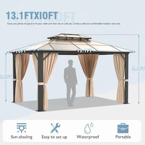 13 ft. x 10 ft. Outdoor Double Polycarbonate Hardtop Gazebo, Aluminum Frame Canopy with Netting, Curtains and Hooks