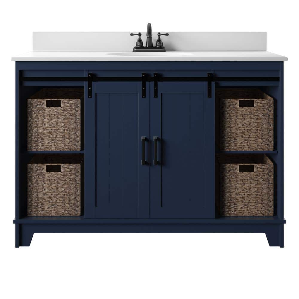 Twin Star Home 49 in. W x 22 in. D x 37.9 in. H Barn Door Single Bathroom Vanity Side Cabinet in Insignia Blue with White Marble Top -  48BV34004-PP05