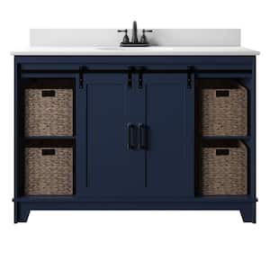 49 in. W x 22 in. D x 37.9 in. H Barn Door Single Bathroom Vanity Side Cabinet in Insignia Blue with White Marble Top