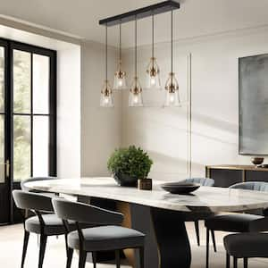 Modern 5-Light Black and Brass Linear Chandelier for Dining Room with Bell Seeded Glass Shades and No Bulb Included