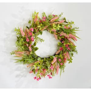 22 in. Artificial Pink Heather, Flowers and Green Leaves Wreath