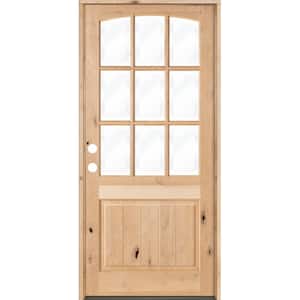 32 in. x 96 in. Knotty Alder Right-Hand/Inswing 9-Lite Arch Top V-Panel Clear Glass Unfinished Wood Prehung Front Door