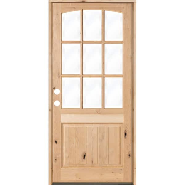 32 in. x 96 in. Knotty Alder Right-Hand/Inswing 9-Lite Arch Top V-Panel Clear Glass Unfinished Wood Prehung Front Door