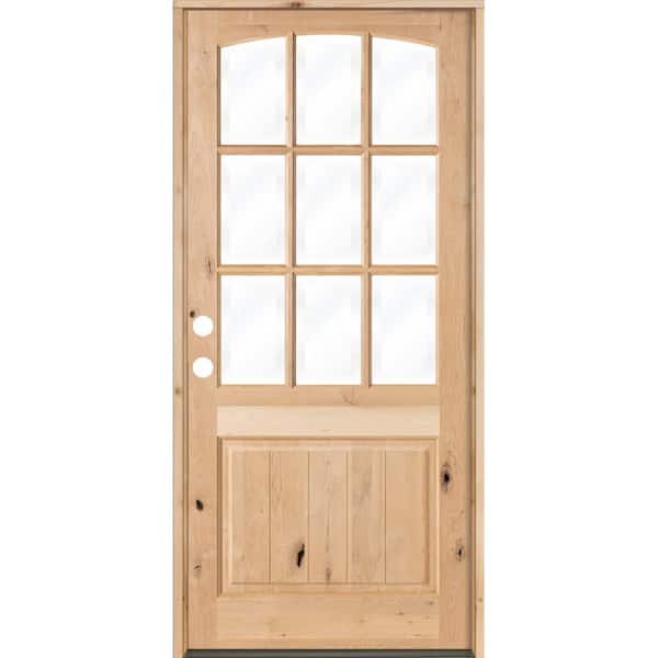 Krosswood Doors 42 in. x 96 in. Knotty Alder Right-Hand/Inswing 9-Lite Arch Top V-Panel Clear Glass Unfinished Wood Prehung Front Door