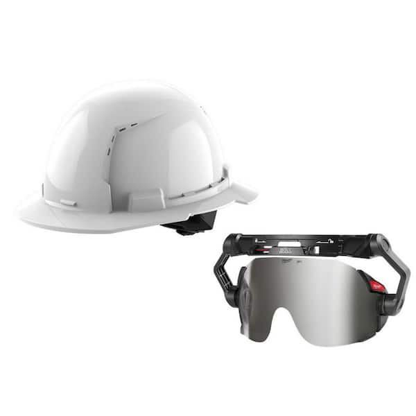 BOLT Mirrored Dual Coat Lens Eye Visor with BOLT White Type 1 Class C Full Brim Vented Hard Hat