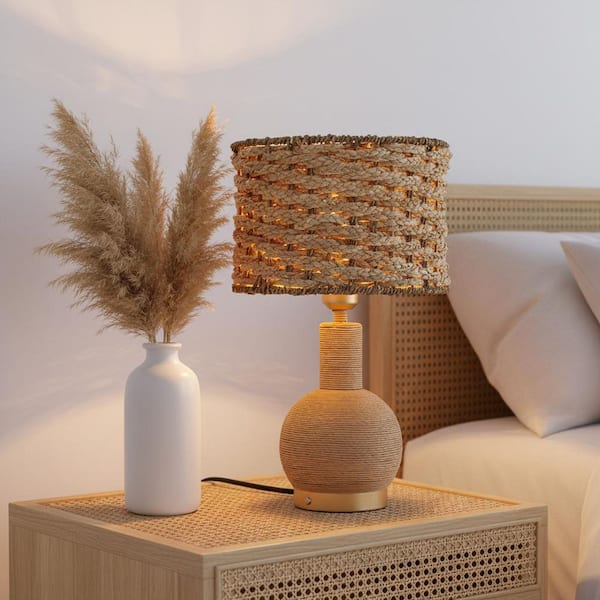 Amber 19 in. Gold Coastal Boho 3-Way Touch Dimmable Natural Rattan Table Lamp for Bedroom with USB Port