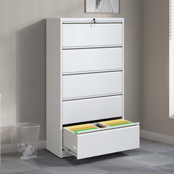5 Drawer Metal Lateral File Cabinet with Lock Office Home Pantry Organizer for A4 Legal/Letter Size, White