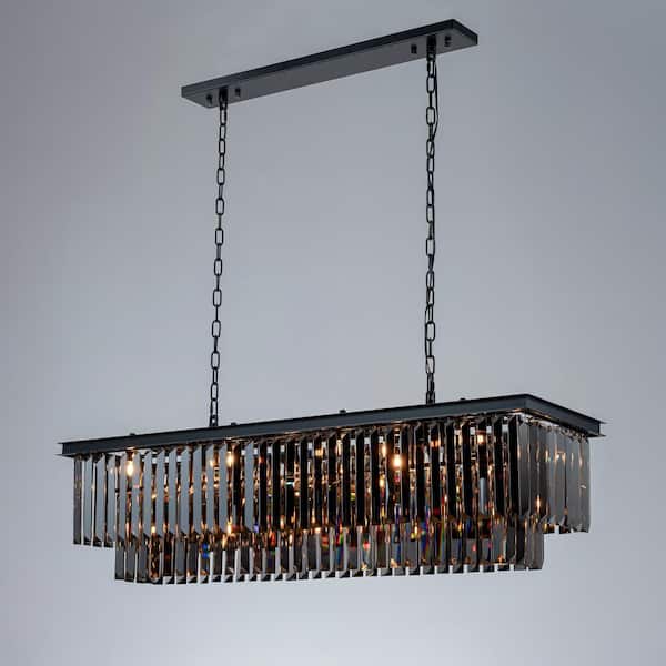 12-Light Modern Luxury Rectangular Fring Crystal Chandelier 49” Black Linear Pendant Light with Smoked Crystals