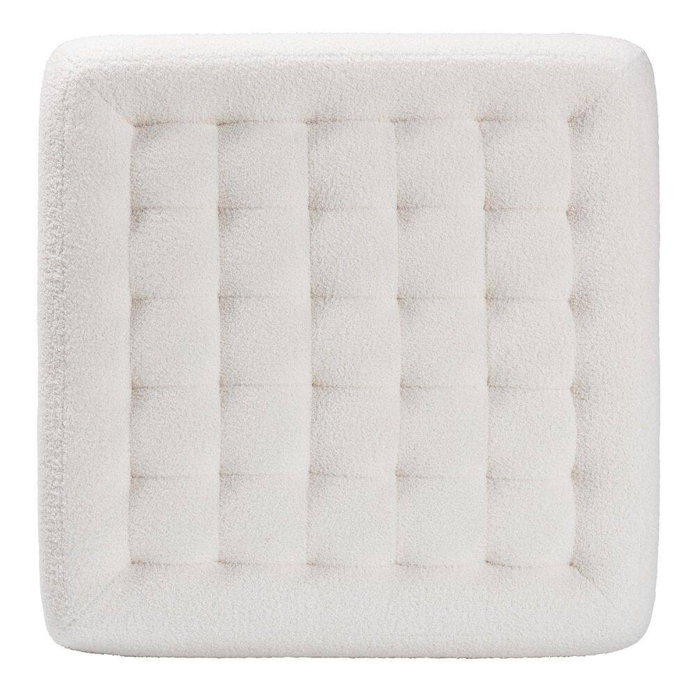 Ivory Boucle Upholstered Box Tufted Ottoman with Black Wood Legs