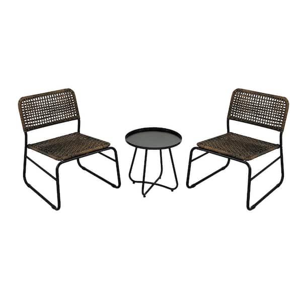 AOPSPS 3-Piece PE Rattan Steel Frame Outdoor Bistro Set 2 Chairs, Modern Round Table, Brown