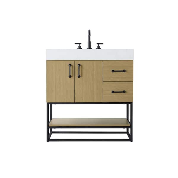 32 in. Single Sink Honey Brown Bath Vanity with White Engineered Marble Top
