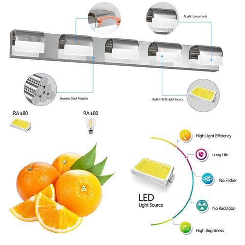 38 in. 5-Lights Chrome Led Vanity Light Bar with Moisture-Proof and Energy Saving Home