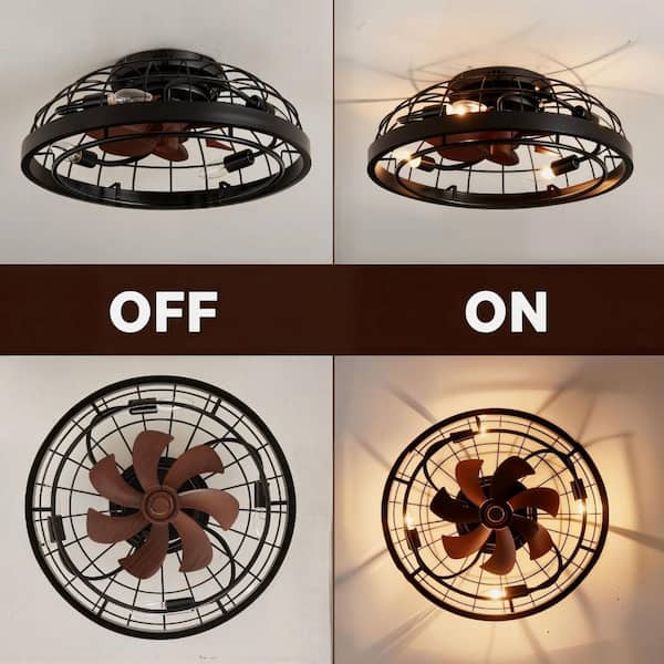 JUSHENG 19.7 in. 4-Light Black Caged Flush Mount Ceiling Fan with
